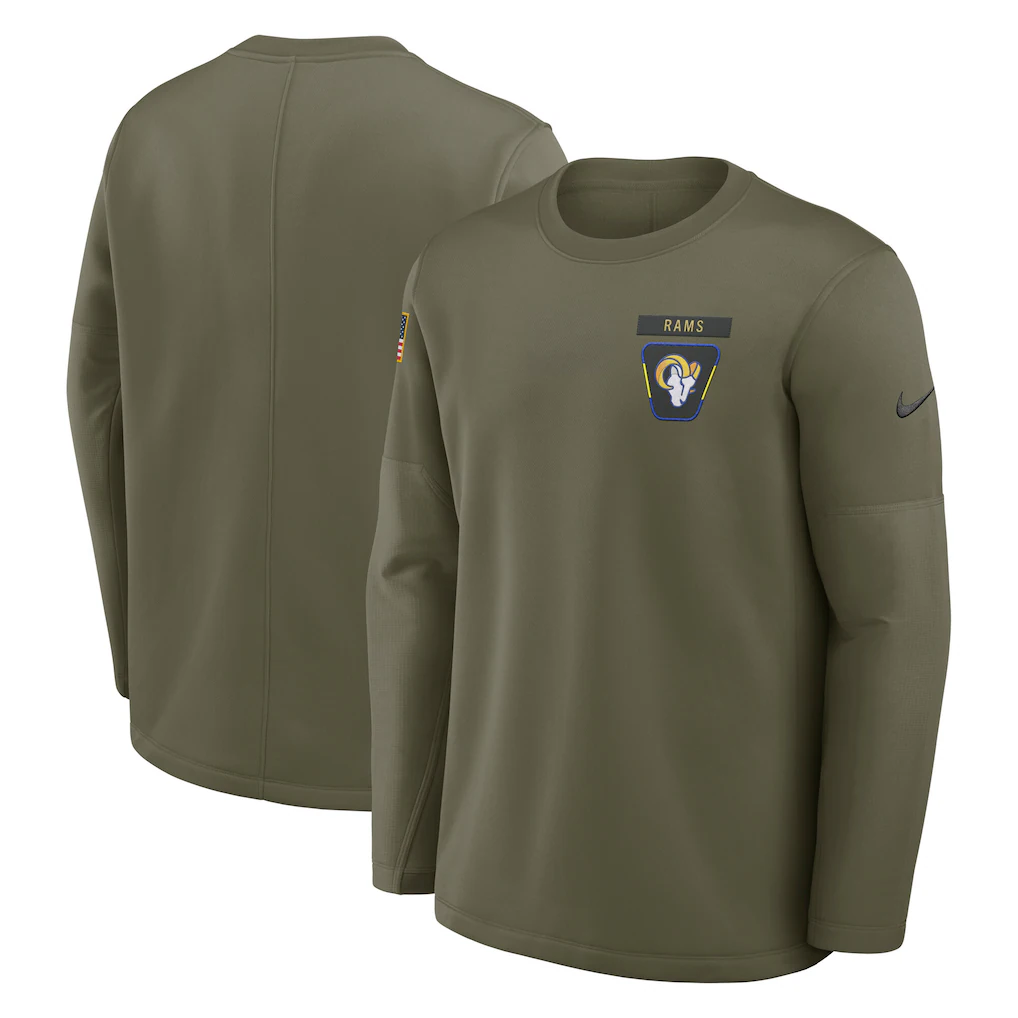 Men's Los Angeles Rams Olive 2025 Salute to Service Sideline Coaches Therma-FIT Long Sleeve Shirt Men's Los Angeles Rams Olive 2025 Salute to Service Sideline Coaches Therma-FIT Long Sleeve Shirt